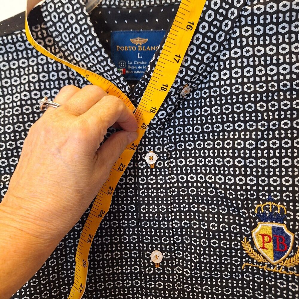 Porto Blanco Black Pattern Button Flip Cuff ‎ Algondon Cotton Shirt Men's Large - Picture 13 of 13